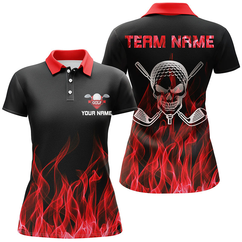 Individuelles schwarzes Golf-Polo-Shirt für Damen mit rotem Flammenschädel und Golfschlägern – Persönliches Golfgeschenk für Sie N6258