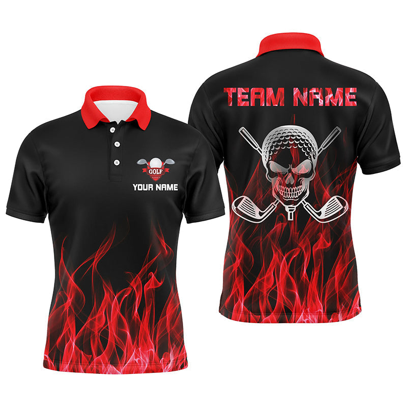 Personalisierte schwarze Golf-Polo-Shirts für Herren mit rotem Flammenschädel und Golfschläger-Design – Das perfekte Geschenk für Golfer N6258