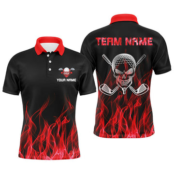 Personalisierte schwarze Golf-Polo-Shirts für Herren mit rotem Flammenschädel und Golfschläger-Design – Das perfekte Geschenk für Golfer N6258