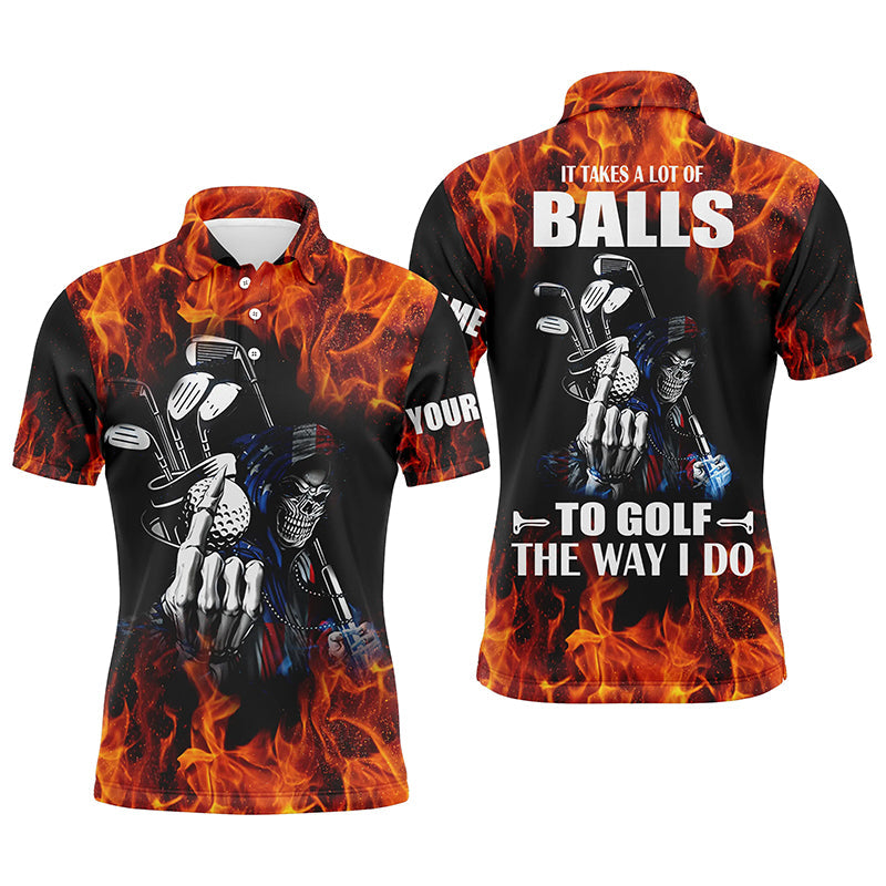 Individuelles Golf-Polo für Herren mit Feuer-Golf-Schädel-Design – Personalisierbar mit Ihrem Namen – Einzigartige Golfbekleidung N4467