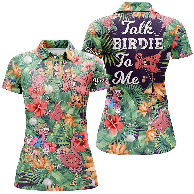 Stylisches Golf-Polo-Shirt für Damen mit individuellem grünen tropischen Blumendesign und Flamingo – "Sprech mit mir, Birdie!" N5364
