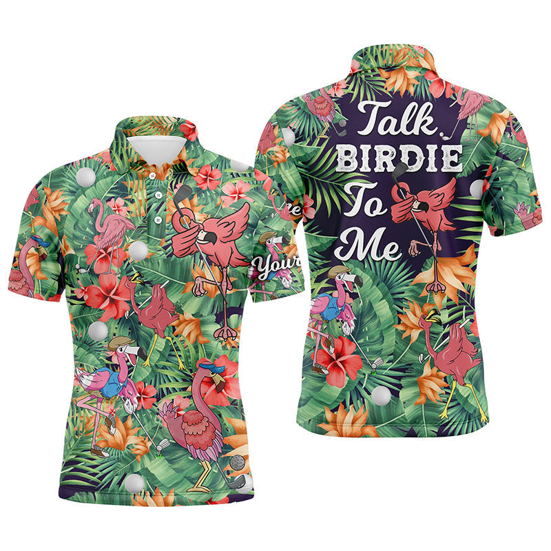 Herren Polo-Shirt mit tropischem Blumen- und Flamingo-Motiv in Grün N5364