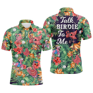 Herren Polo-Shirt mit tropischem Blumen- und Flamingo-Motiv in Grün N5364