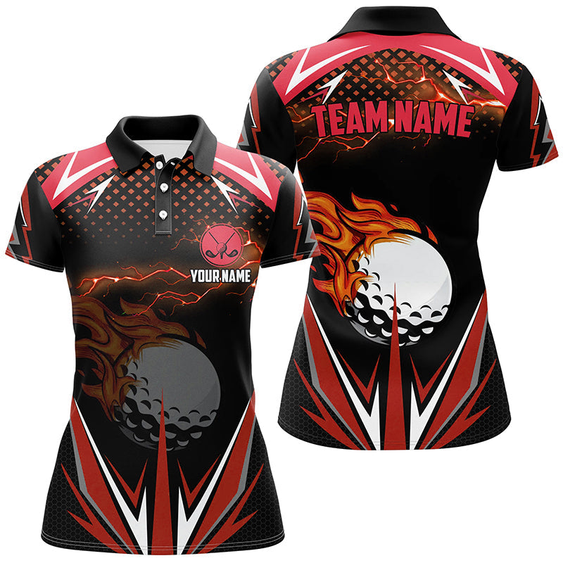 Personalisierte schwarze Damen Golf-Polo-Shirts mit rotem Blitzdesign - Team Golf-Trikots für Frauen N7380