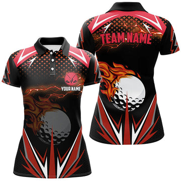 Personalisierte schwarze Damen Golf-Polo-Shirts mit rotem Blitzdesign - Team Golf-Trikots für Frauen N7380