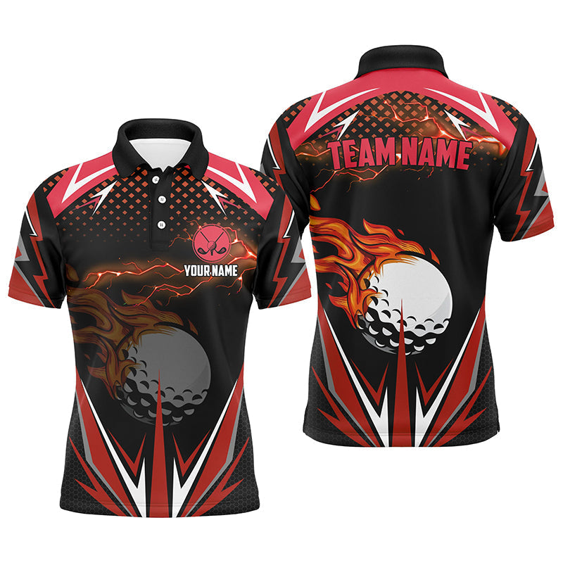 Individuelle schwarze Golf-Polo-Shirts für Herren mit rotem Blitzdesign – Premium Golfbekleidung für Männer N7380
