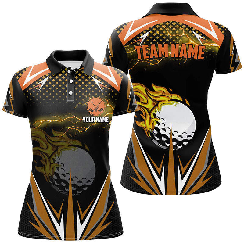 Individuelle schwarze Golf-Polo-Shirts für Damen mit orangefarbigem Blitzdesign - Premium Golfbekleidung für Frauen N7381