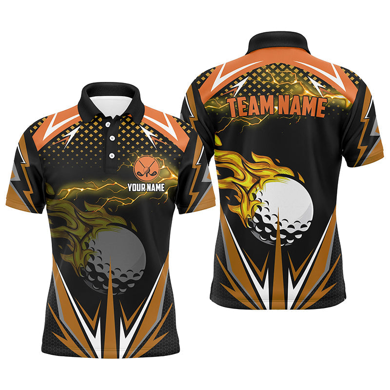 Individuelle schwarze Golfpoloshirts für Männer mit orangefarbenem Blitzdesign – Hochwertige Golfbekleidung für Herren N7381