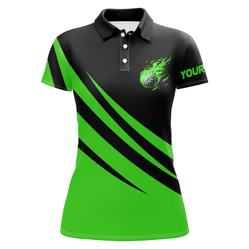 Schwarzes und Grünes Damen Golf-Polo mit Individuellem Flammen-Golfball-Design - Perfektes Golfshirt als Geschenk für Golferinnen N7399