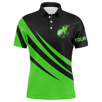 Individuelles Herren Golf Poloshirt mit Flammenmuster in Schwarz und Grün - Perfektes Geschenk für Golfer N7399