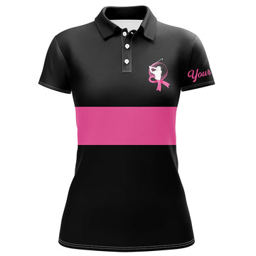 Personalisierbares Golf-Polo-Shirt für Damen in Schwarz und Pink – Brustkrebs-Bewusstsein mit pinkem Band N6293