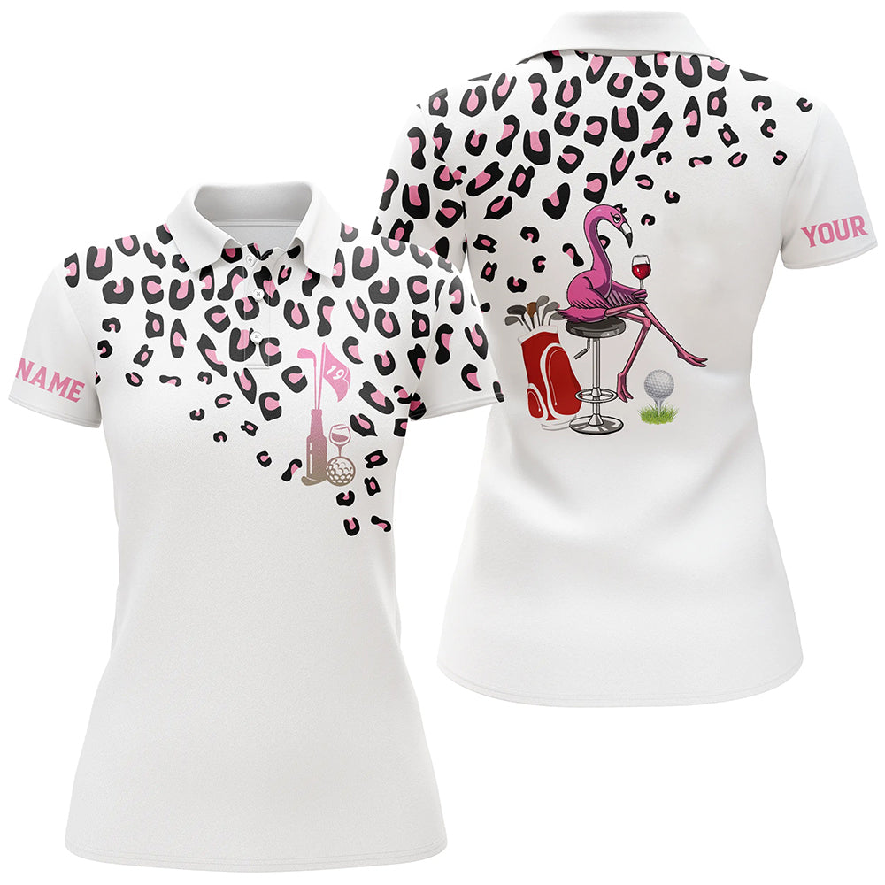 Stylisches Damen-Golf-Polo mit Leopardenmuster | Individuelles Weißes Golfoberteil | Lustige Flamingo-Wein-Shirts für Golferinnen N5885