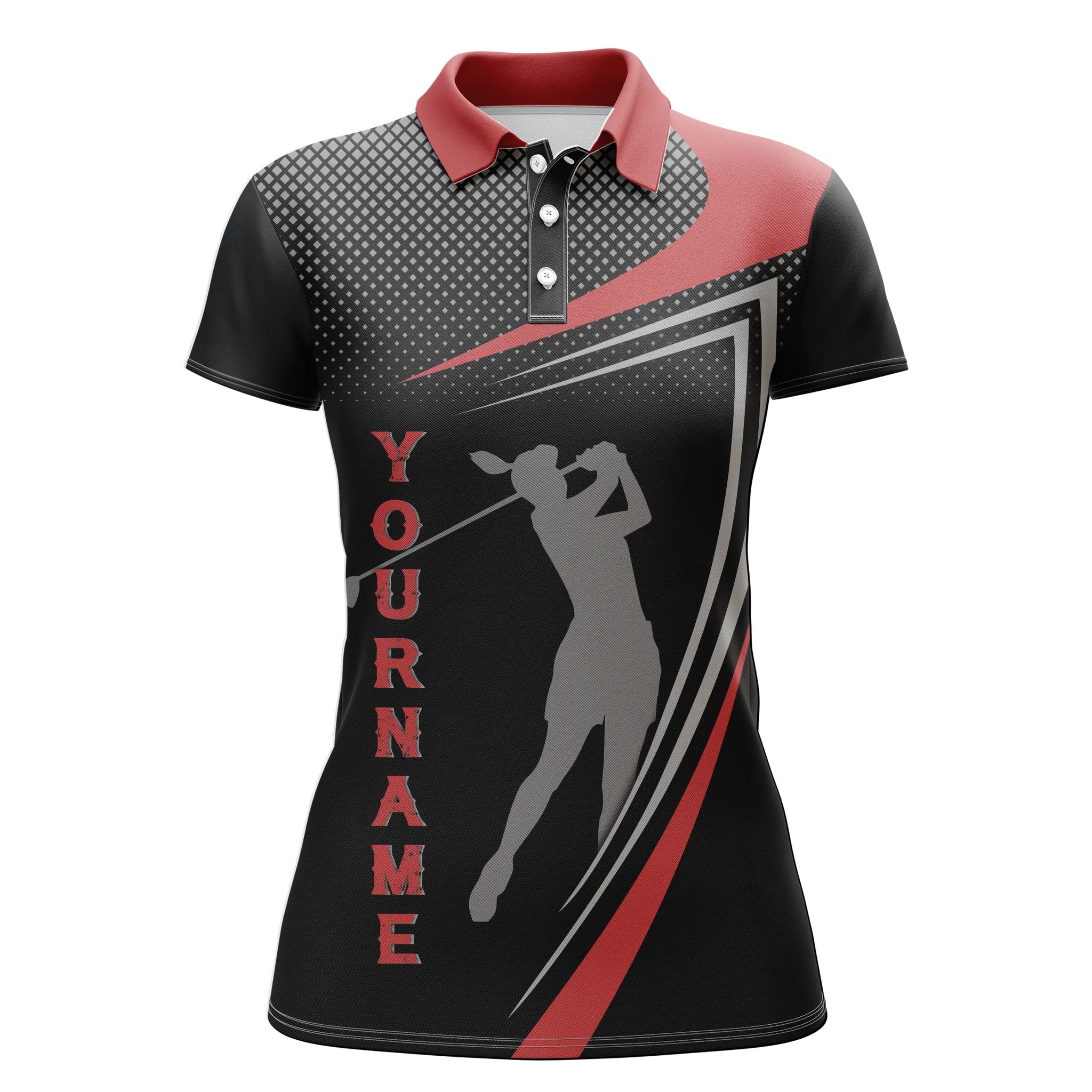 Individuelles Rot-Schwarz Sport-Golf Polohemd für Damen - Personalisierte Golfer-Silhouette - Das perfekte Golfhemd für Frauen N4650