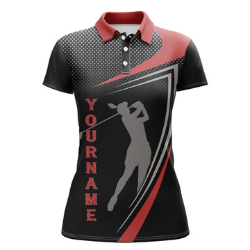 Individuelles Rot-Schwarz Sport-Golf Polohemd für Damen - Personalisierte Golfer-Silhouette - Das perfekte Golfhemd für Frauen N4650