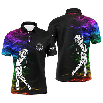 Individuelles Herren Golf Poloshirt mit personalisiertem Regenbogen-Smoke-Muster in Schwarz N7262