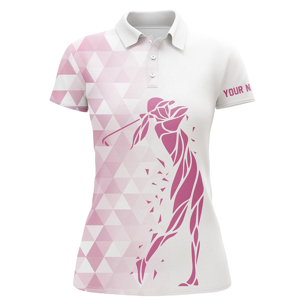 Personalisierte Damen Golf Poloshirts in Weiß mit Pinkem Dreiecksmuster - Stilvolle Golfoberteile für Frauen N7267