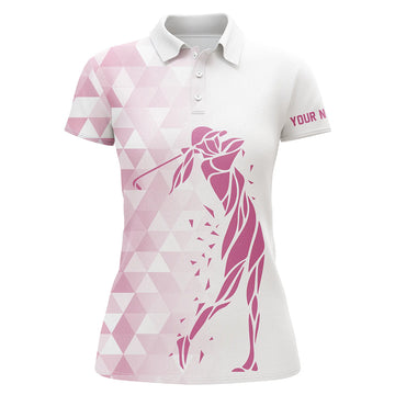 Personalisierte Damen Golf Poloshirts in Weiß mit Pinkem Dreiecksmuster - Stilvolle Golfoberteile für Frauen N7267