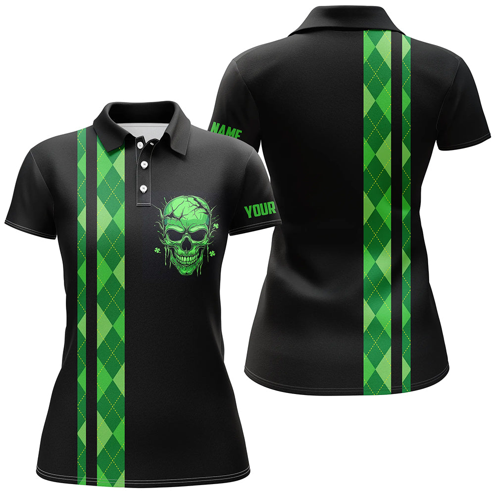 Individuelles schwarzes Golf-Polo für Damen mit personalisiertem grünen Argyle-Karo und Totenkopf-Design N7269