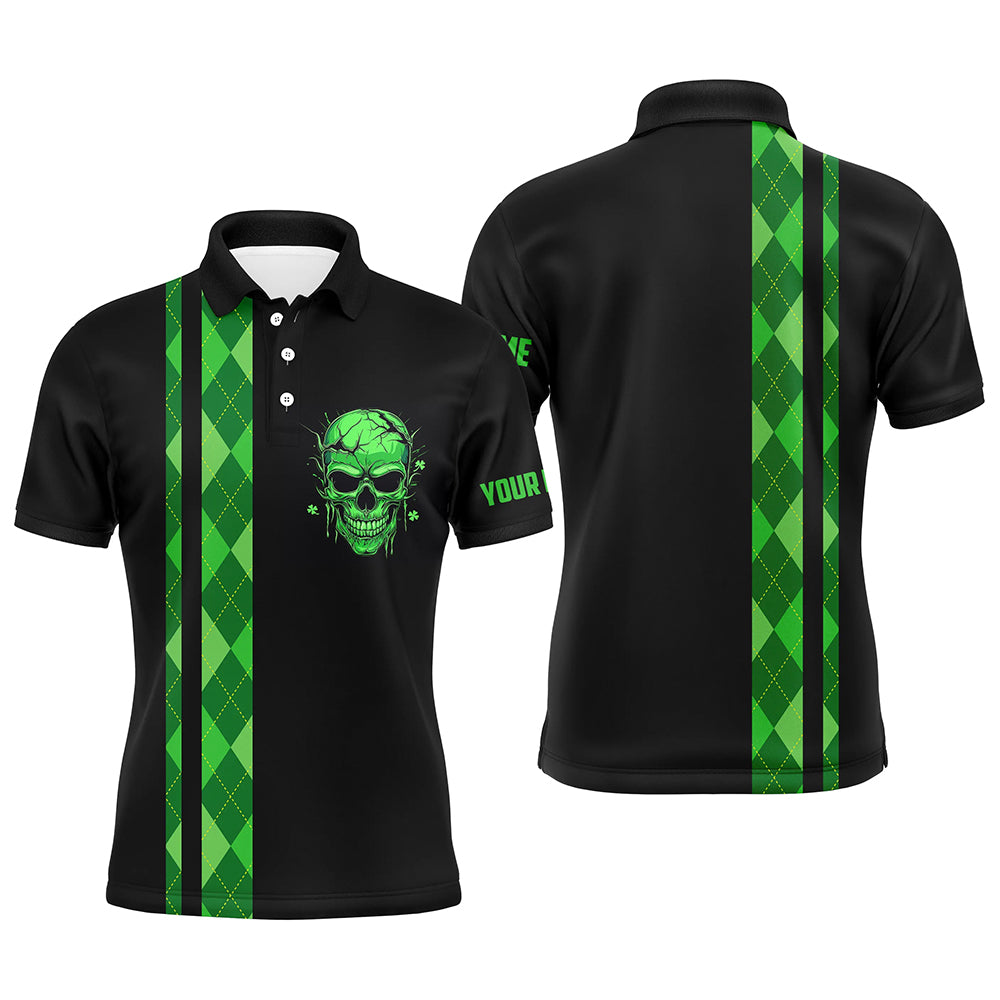 Individuelles schwarzes Herren Golf-Polo mit personalisiertem grünen Argyle-Muster und Totenkopf-Design N7269