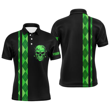 Individuelles schwarzes Herren Golf-Polo mit personalisiertem grünen Argyle-Muster und Totenkopf-Design N7269