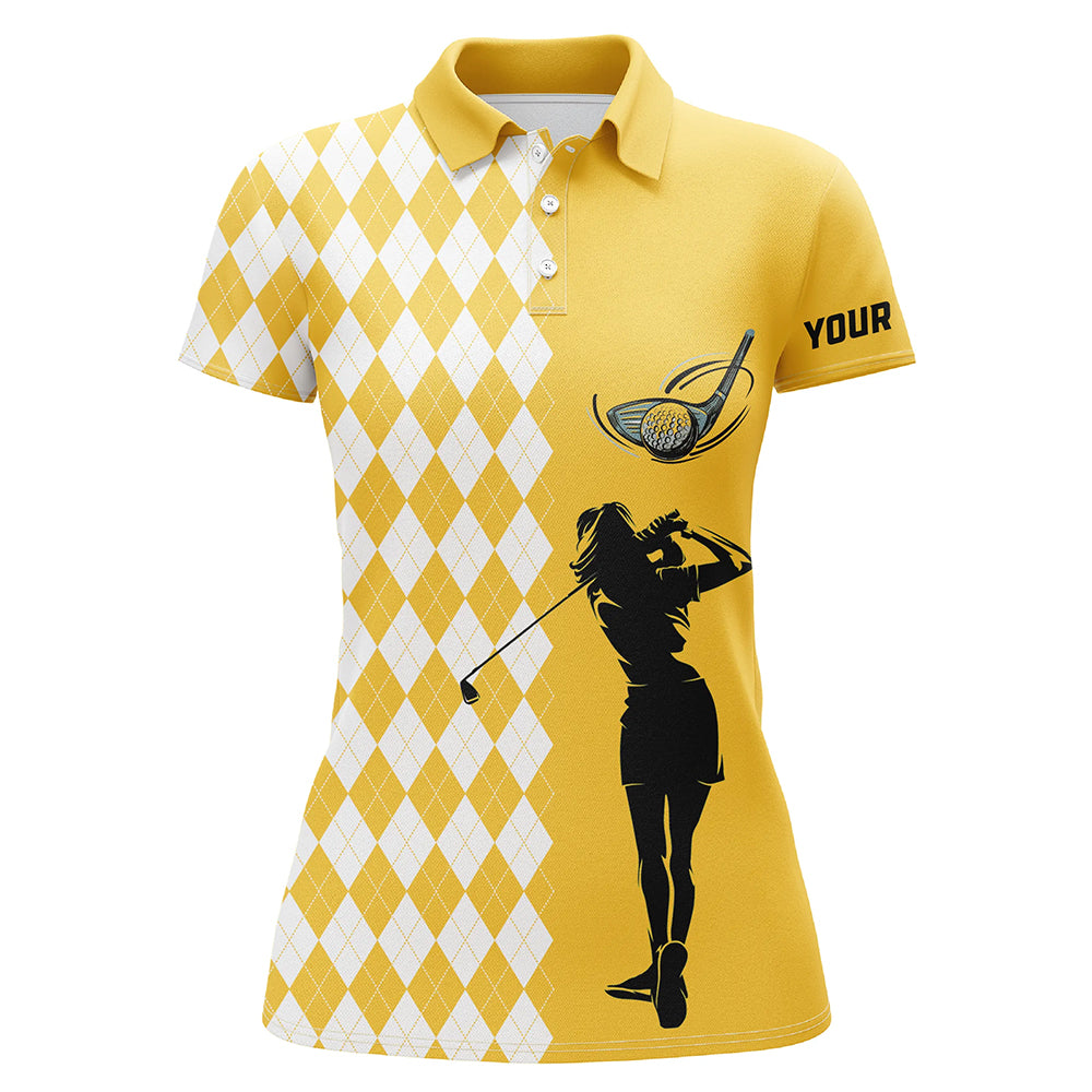 Individuelles Gelbes Damen Golf Polo-Shirt mit personalisiertem weißen Argyle-Muster N7271