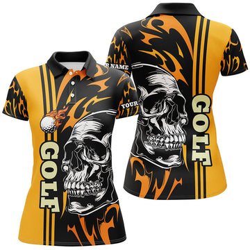 Personalisierte Damen Golf-Polo-Shirt mit Schwarz-Gelbem Totenkopf – Das perfekte Geschenk für Golf-Enthusiastinnen N7274