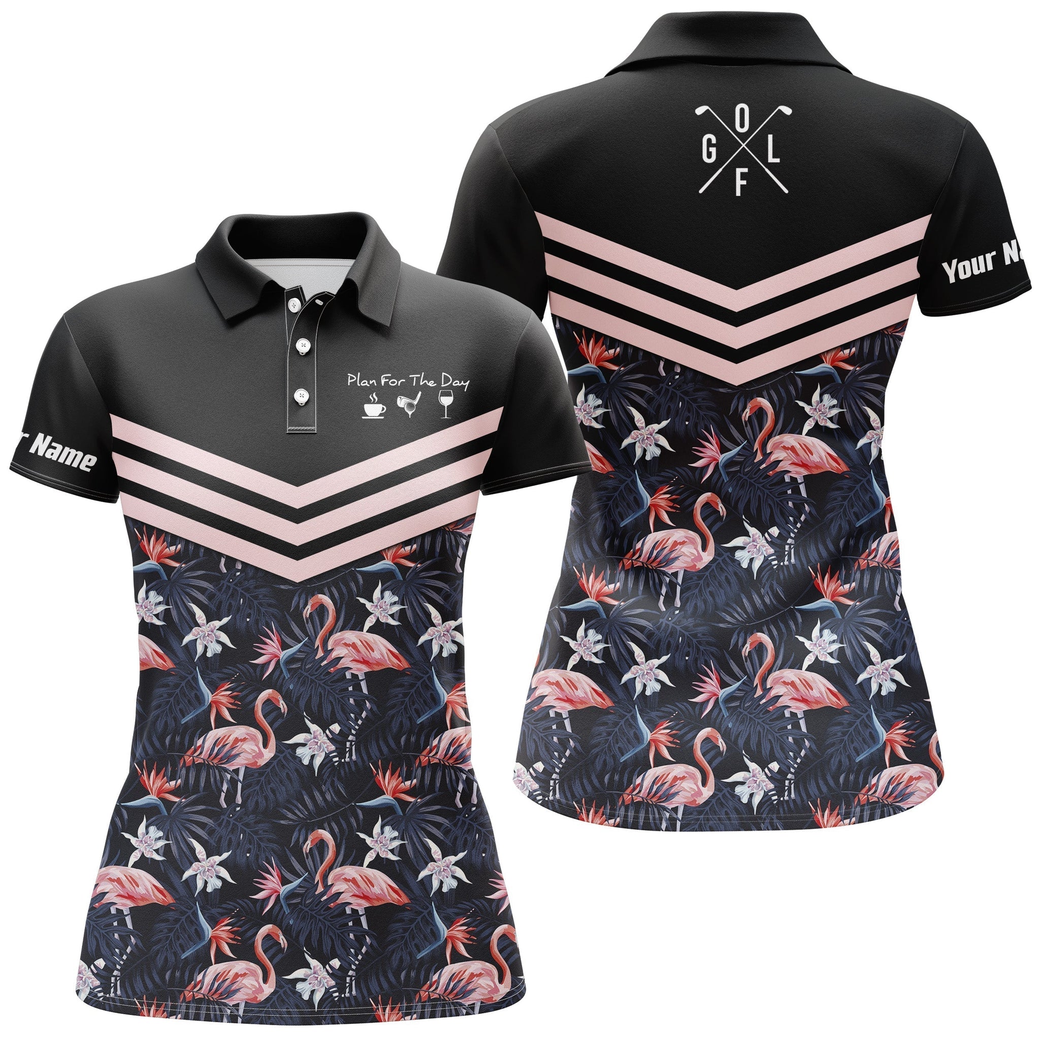 Damen Polo-Shirt mit tropischem Blatt- und Flamingo-Muster für Golf N4111