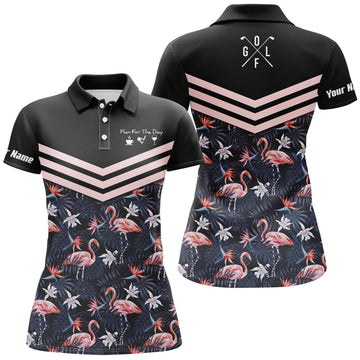 Damen Polo-Shirt mit tropischem Blatt- und Flamingo-Muster für Golf N4111