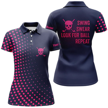 Damen Polo-Shirt mit Totenkopf-Motiv in Pink – Navy Blau N5714