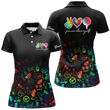 Personalisierte schwarze Golf-Polo-Shirts für Damen mit individuellem Aquarell-Design – Frieden, Liebe und Golf N4906
