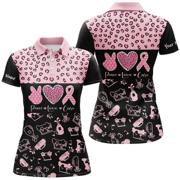 Leopardenmuster Golfpoloshirts für Damen – Pink und Schwarz mit Brustkrebs-Bewusstseinsband N7453