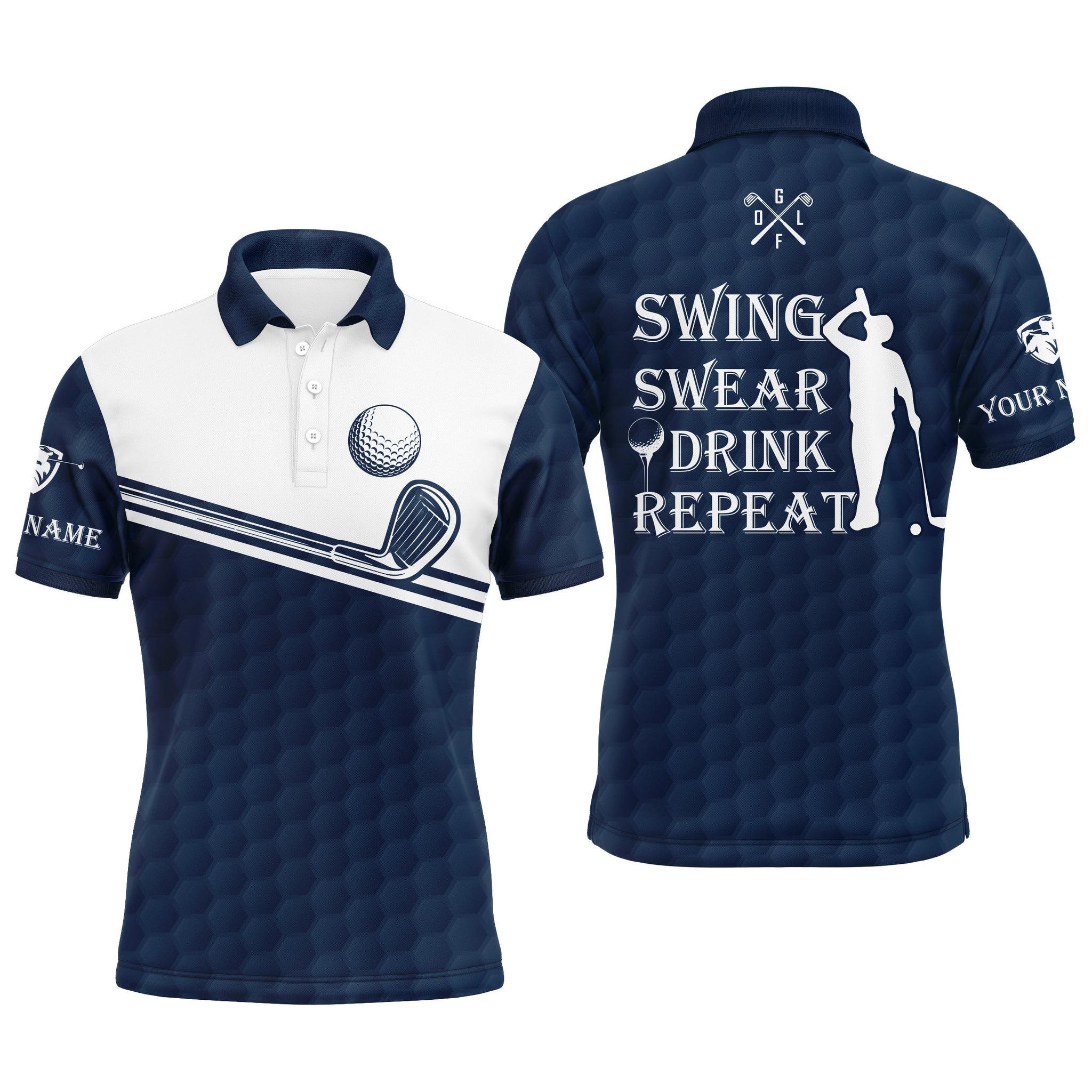 Personalisierte Herren Golf-Polo-Shirts in Navyblau und Weiß - Schwingen, Schwitzen, Genießen, Wiederholen N4325