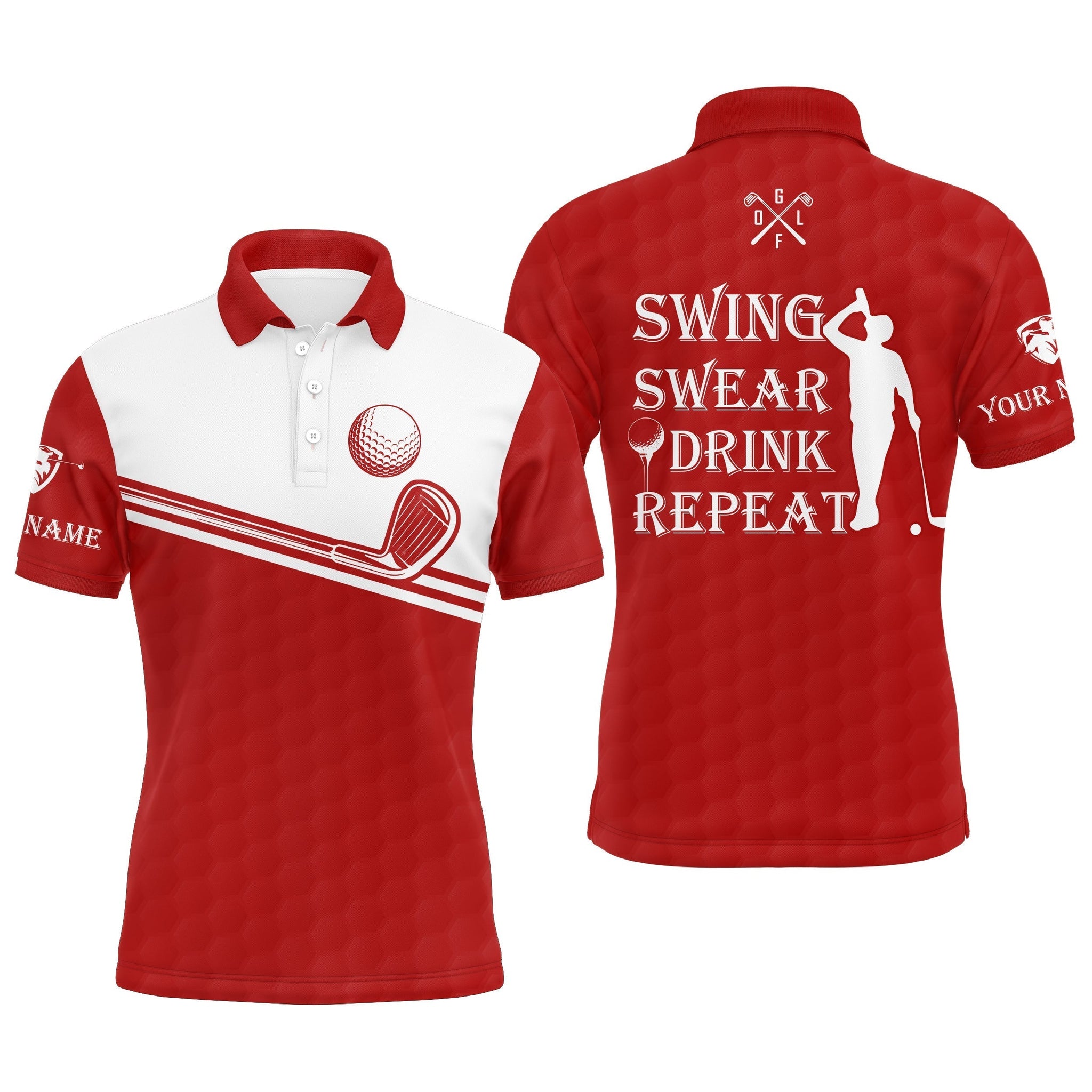 Personalisierbares Herren Golf-Polo-Shirt in Rot und Weiß – Swing, Schwitzen, Genießen, Wiederholen N4326