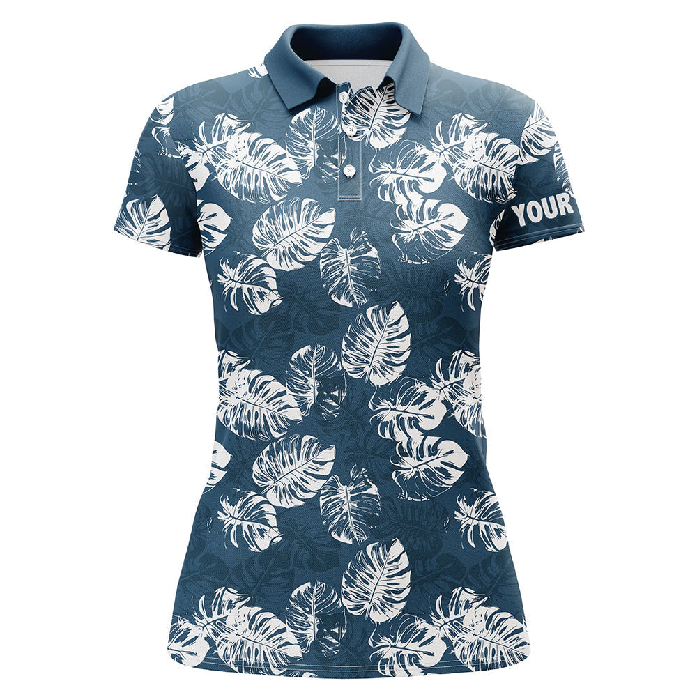 Damen Golf Polo-Shirt mit individuellem blauen Monstera-Blätter-Muster – Perfekt für das Golfteam N7298