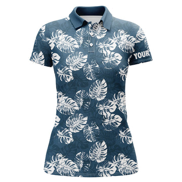 Damen Golf Polo-Shirt mit individuellem blauen Monstera-Blätter-Muster – Perfekt für das Golfteam N7298