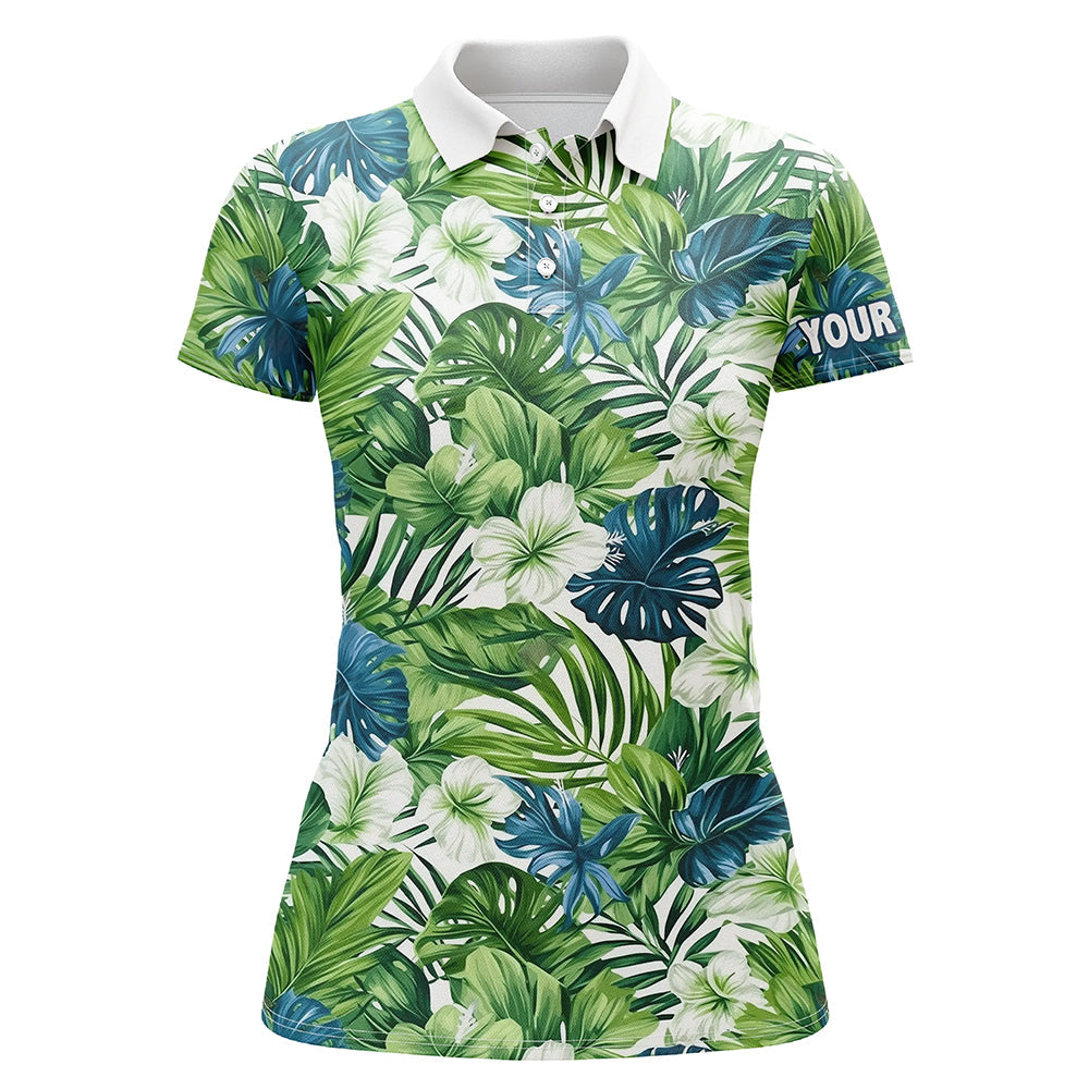 Damen Golf Polo-Shirt mit individuellem grünen Tropenblumen- und Blattmuster – Stilvolles Team-Outfit für Golferinnen N7299
