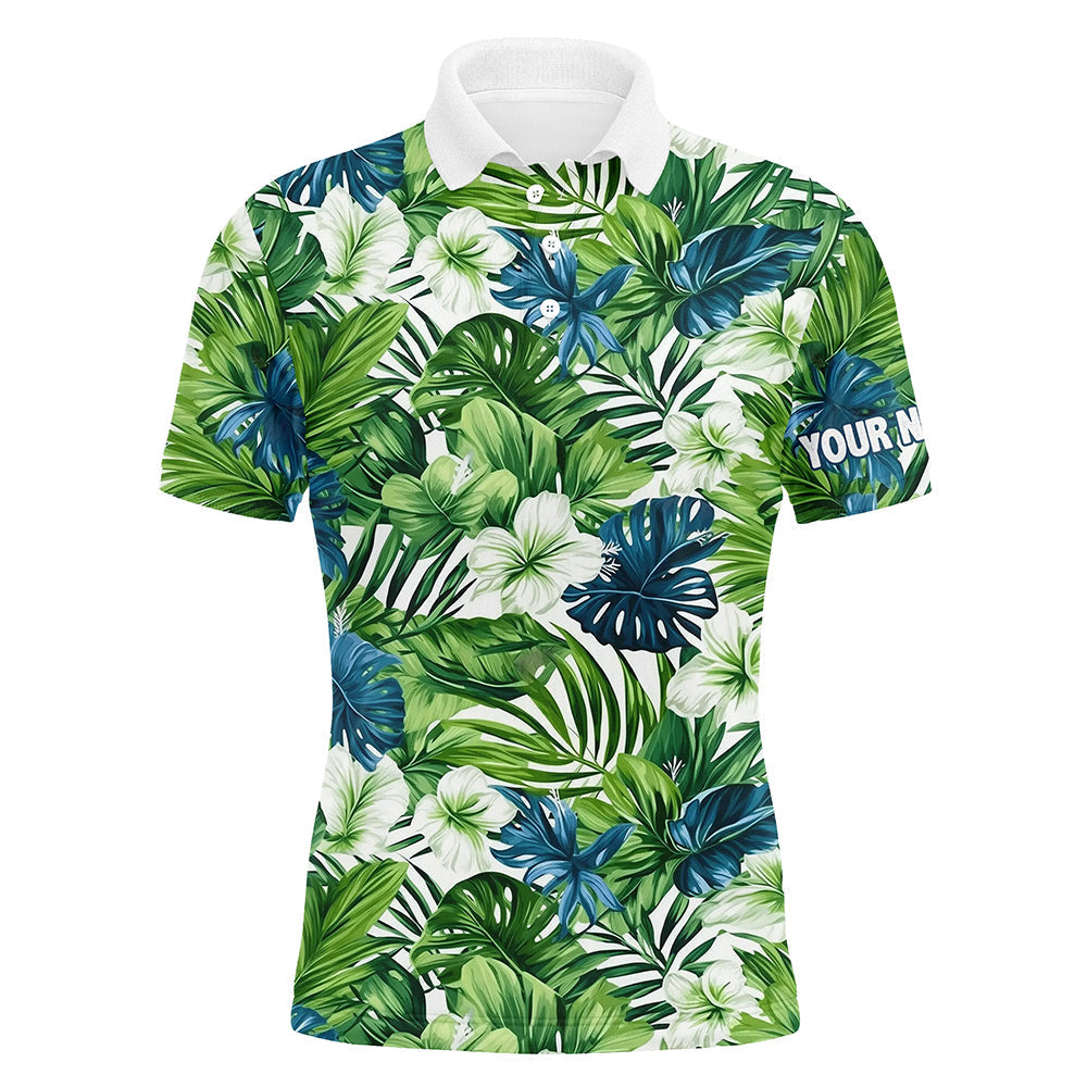 Herren Golf Polo-Shirt mit individuellem grünen tropischen Blumen- und Blattmuster - Perfekt als Golfgeschenk für Männer N7299