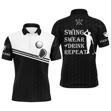 Personalisierbares Herren Golf Polo-Shirt in Schwarz und Weiß – Swing, Schwitzen, Genießen, Wiederholen N4157