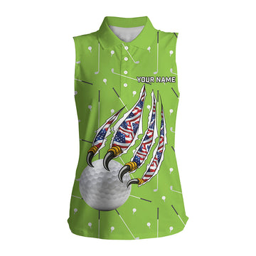 Grüne Camouflage Golfball USA Flagge Adler Klaue Damen Ärmelloses Polo-Shirt – Individuelles patriotisches Golf-Outfit N8987