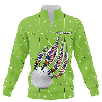 Grünes Camouflage Golfball mit amerikanischer Flagge und Adlerkrallen – Individuelles Patriot Golf Sweatshirt mit Viertelreißverschluss N8987