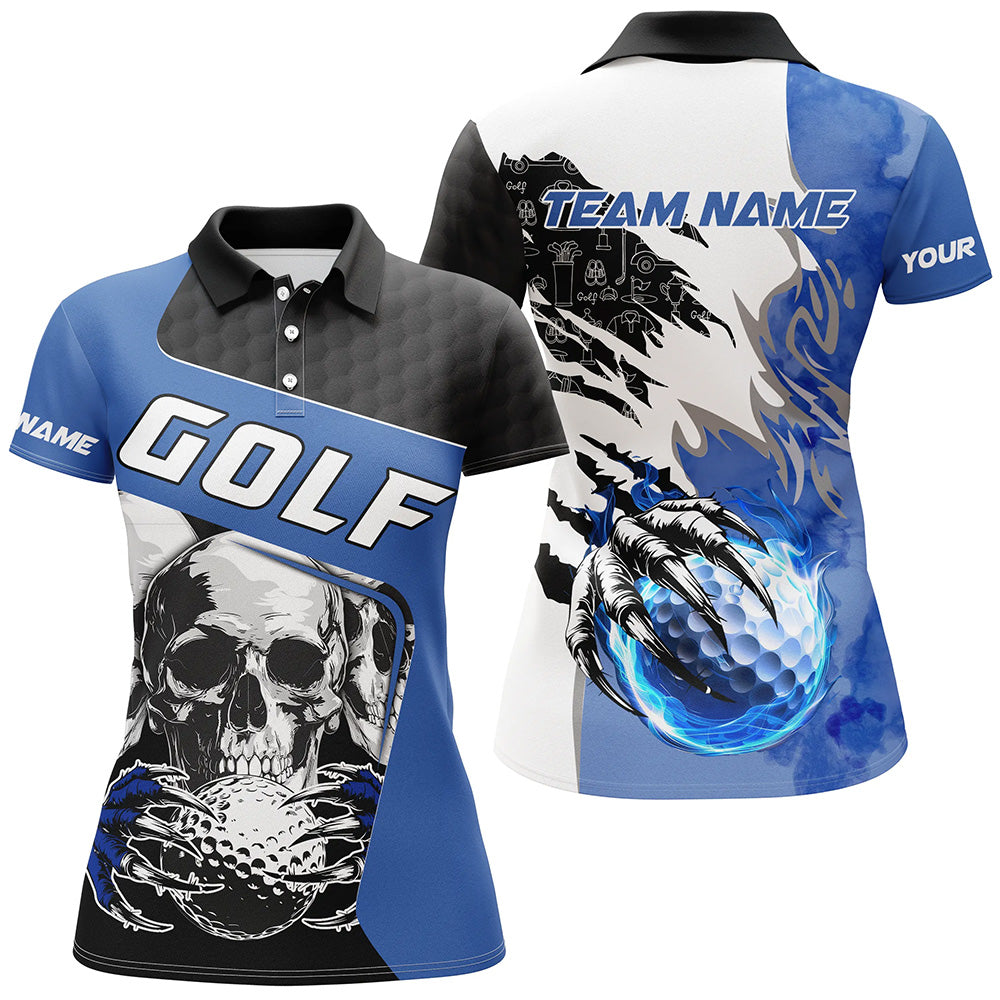 Damen Polo-Shirt mit individuellem Totenkopf-Design und Feuer-Golfball | Einzigartiges Golfgeschenk | Blau N7519