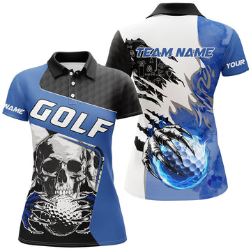 Damen Polo-Shirt mit individuellem Totenkopf-Design und Feuer-Golfball | Einzigartiges Golfgeschenk | Blau N7519