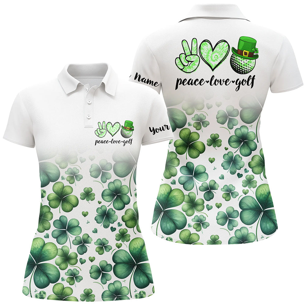 Personalisierte Grünes Kleeblatt Golf Polo-Shirt für Damen – Frieden, Liebe, Golf – Perfekt für den St. Patrick's Day N7182