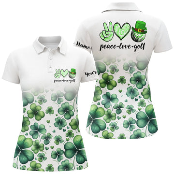 Personalisierte Grünes Kleeblatt Golf Polo-Shirt für Damen – Frieden, Liebe, Golf – Perfekt für den St. Patrick's Day N7182
