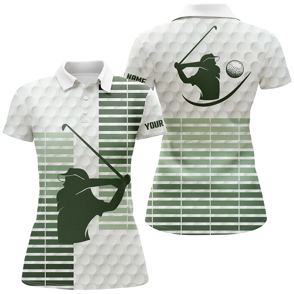 Damen Golf Polo-Shirt mit Grünen Streifen und Weißem Golfball-Muster – Perfekt für Golferinnen N7528