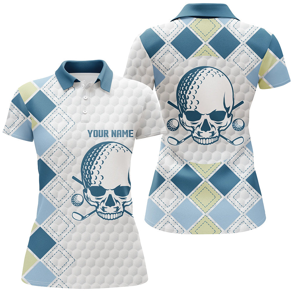 Modisches Damen Golf Polo-Shirt mit Blauem Rautenmuster und Weißem Golfball-Schädel-Design N7203
