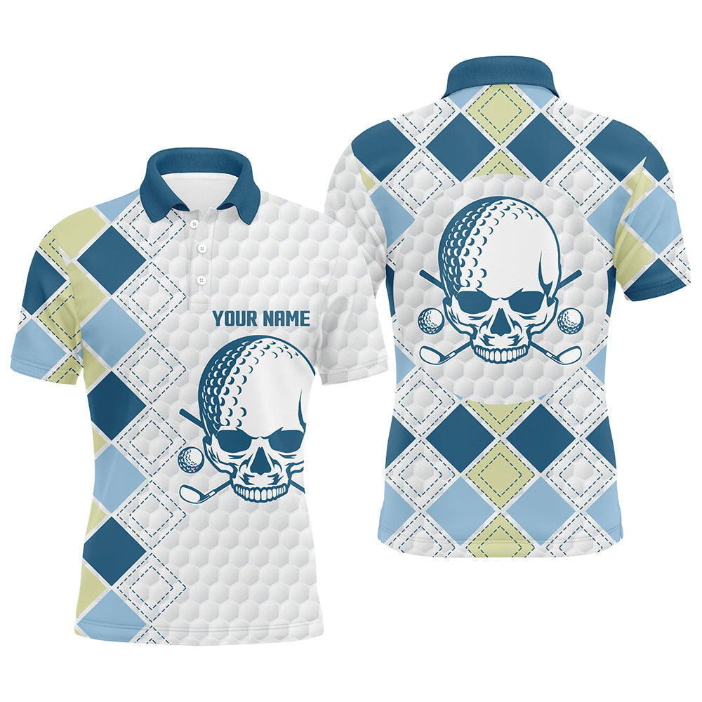 Blaues Argyle-Muster Herren Golf-Polo mit Weißem Golfball-Schädel-Design N7203