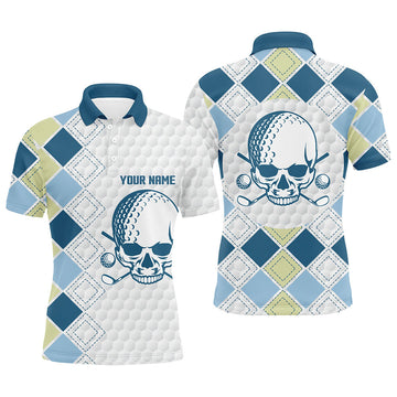 Blaues Argyle-Muster Herren Golf-Polo mit Weißem Golfball-Schädel-Design N7203
