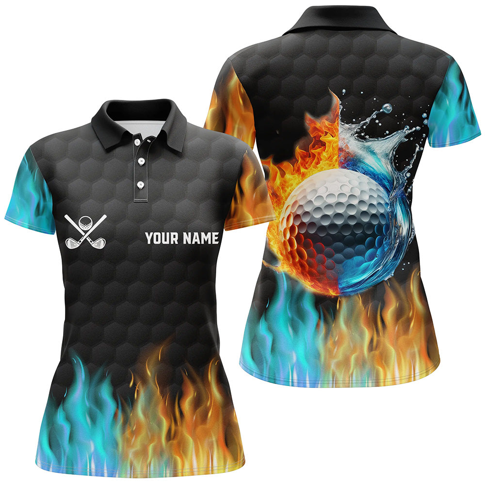Elegantes Damen Golf Poloshirt - Schwarz mit Feuer- und Wasserdesign - Individuelle Golfbekleidung für Sie N7226