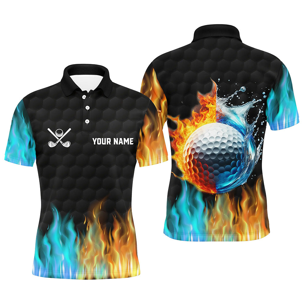 Herren Golf Polo-Shirt nach Maß - Schwarz mit Feuer- und Wasser-Golfball-Design - Perfektes Golf-Geschenk N7226